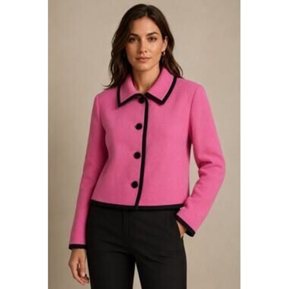 Lauren Ralph Lauren Pink 100% Linen Jacket Black Trim Button Front